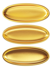 Set of empty golden plates isolated on a white background. Clipping path included.