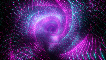Abstract technological flight in digital space. Bright neon dots forming a data transmission tunnel. Modern ultraviolet blue purple light spectrum. 3d illustration - obrazy, fototapety, plakaty