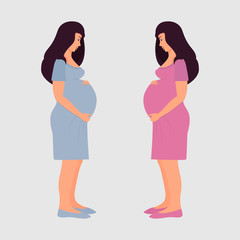 Two pregnant women in full length profile. Girls expecting a baby. Clothing in blue and pink. Waiting for a boy and a girl. Vector. Flat cartoon style. Isolated on white background