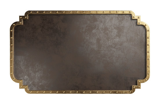 Empty metal plate with brass border, isolated on a white background. Steampunk style. Clipping path included.