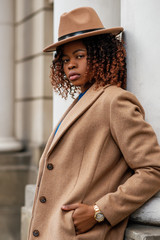 Outdoor fashion portrait of young  elegant confident african american woman with afro hairstyle...