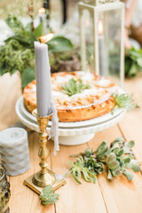 Mint decorated apple pie. Picnic in the style of boho.