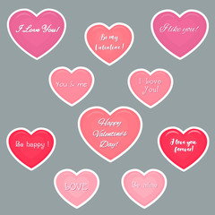 Vector set of ten pink hearts stickers in white stroke stickers with text about love. Valentine s day or wedding for your design. Flat style