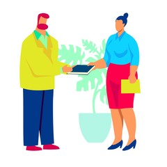 men and women attend a business meeting. flat illustration