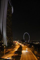 Highway, marina bay, ferris wheel at night. Singapore cityscape