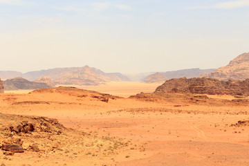 Wadi Rum desert panorama with dunes, mountains and sand that looks like planet Mars surface, Jordan