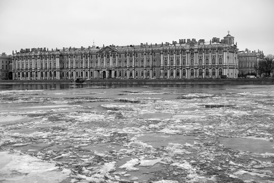 Hermitage Museum and Neva River at winter.