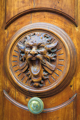 Tür mit geschnitzten Löwenkopf-Ornament / Großaufnahme