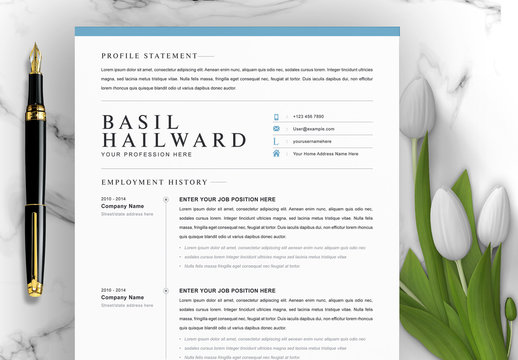 Resume Layout with Thin Blue Header Element