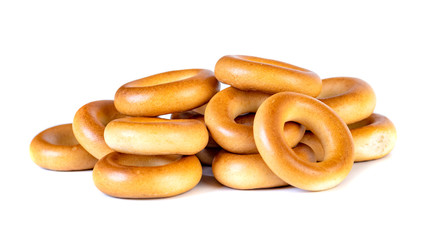 Small dry bagels, small rolls on a white background