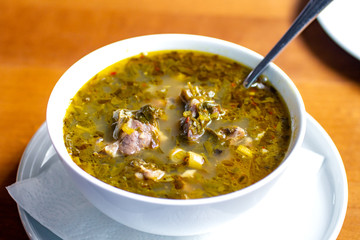 chakapuli, meat and greens soup in white plate, georgian traditional food