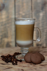  Latte coffee in a glass. Cappuccino. Latte. Coffee with milk. Coffee with milk foam