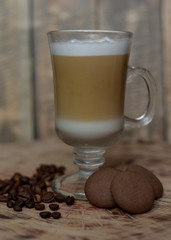  Latte coffee in a glass. Cappuccino. Latte. Coffee with milk. Coffee with milk foam