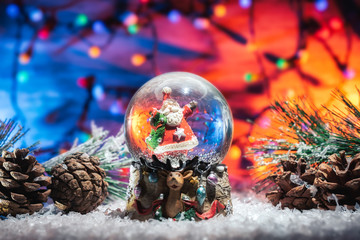 Snow globe with funny tiny Santa Claus among cones with colorful fairy lights on blurred background 