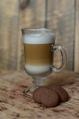  Latte coffee in a glass. Cappuccino. Latte. Coffee with milk. Coffee with milk foam