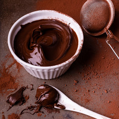ceramic bowl with dark chocolate cream, spoon smeared with chocolate and sprinkling of cocoa on the background