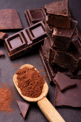 wooden spoon with cocoa powder and pieces of dark chocolate.