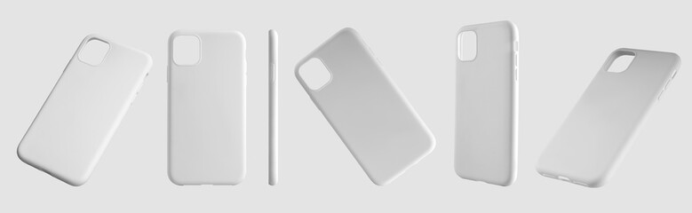 Fototapeta Mockup of white plastic cases for mobile phones, a set of 6 containers in different positions. obraz