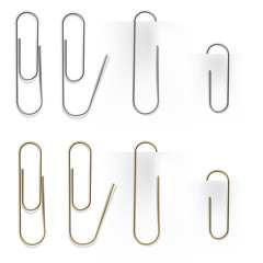 Realistic metal paper clips set. Vector set. Stationery paperclip accessory for holding several sheets of paper togethe