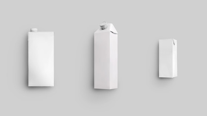 Mockup of clean paper packaging boxes with juice,  with lids,  isolated on background. Set of 3 white cardboard packs.