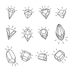 Set of 12 cartoon gems icons.Black and white vector illustration isolated for coloring and design.