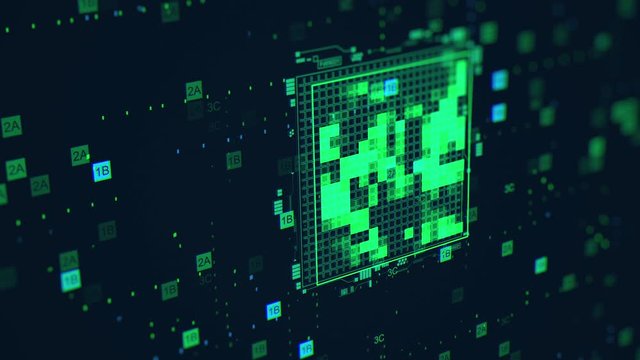 Circuit or Chip integrated in digital hi-tech surface. Green colored indexes or numbers floating in cyberspace. Geometric animation. Artificial intelligence. Virtual network interface. Depth of Field