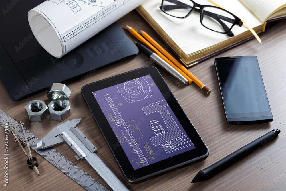 Poster workplace of an engineer, designer. tablet computer with a drawing of cad scheme.
