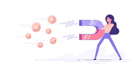 Business woman holding a big magnet and attracting money. Investment attraction concept. Modern vector illustration.