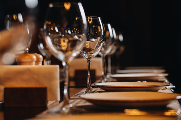 luxury tableware beautiful table setting in restaurant - obrazy, fototapety, plakaty