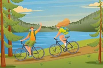Young people on a bike ride, Cycling, camping. Outdoor recreation. Flat 2D character. Concept for web design