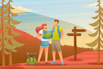 Obraz na płótnie Canvas Young people use the map in the forest, camping. Flat 2D character. Concept for web design