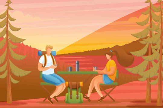 Young people enjoy the sunset in the forest, camping. Flat 2D character. Concept for web design
