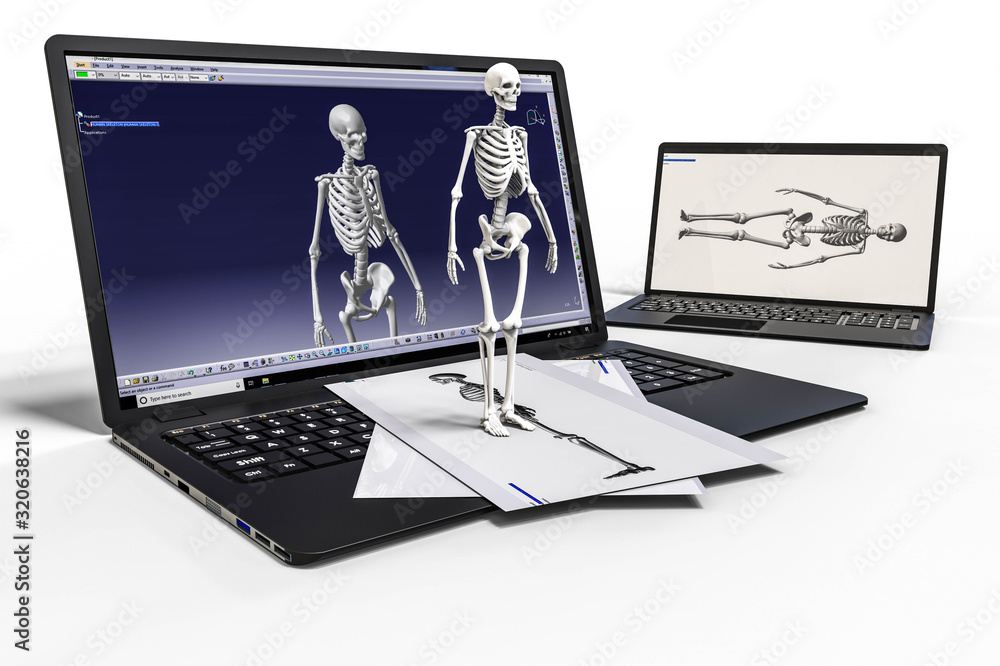 Poster 3d rendering representing a computer aided design of a human skeleton. catia, illustration.