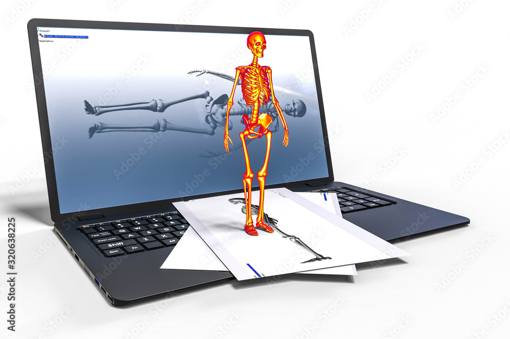 Poster 3d rendering representing a computer aided design of a human skeleton. catia, illustration.