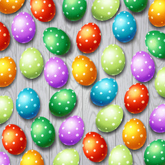 Fototapeta na wymiar Trendy poster with colorful eggs. Happy Easter. Decorated yellow, red, blue, green and purple eggs background