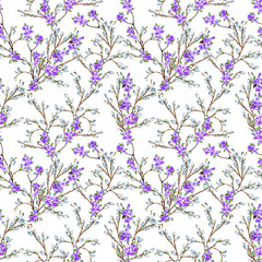 Beautiful delicate spring realistic seamless pattern of willow and lilac branches. Easter and spring time. Purity and innocence symbol. Watercolor hand painted isolated elements on white background.