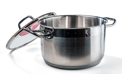 Stainless steel pan with the with glass cover removed. Isolated on white background.