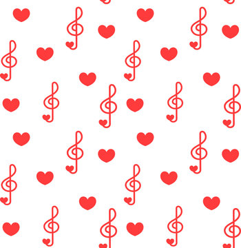Seamless patter with love music - notes with hearts. Do, re, mi, fa, sol, la, si, clef - sign of music.