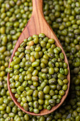 Scattered mung bean. Eco spoon. Mung bean, green moong in a wooden spoon, on black metallic vintage background. Copy space. Black background. 