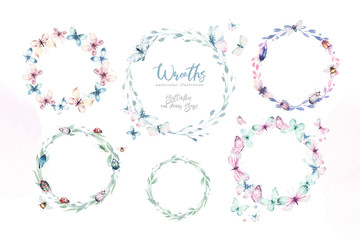 Watercolor colorful butterflies, isolated butterfly on white background. blue, yellow, pink and red butterfly spring illustration.