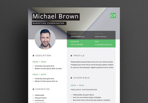 Resume Layout with Green Accents and Photo Placeholder Header