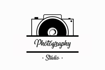 Illustration of photo camera in black color, on white background, with text photography studio
