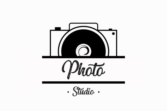 Illustration of photo camera in black color, on white background, with text photo studio