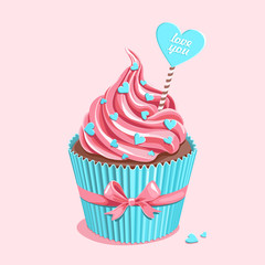 Valentine holiday card. Cupcake with pink cream