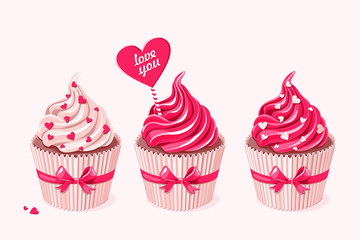 Valentine holiday card. Cupcakes with red cream and hearts
