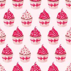 Valentine holiday card. Cupcakes with red cream and hearts.  Seamless pattern. Texture for fabric, wrapping, wallpaper. Decorative print.