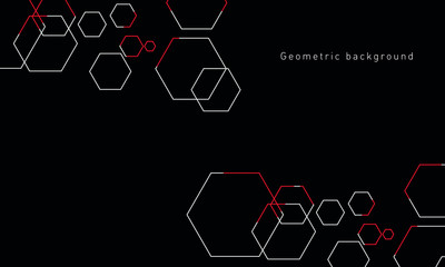 Red and white hexagons on a black background. Abstract technology banner design. Vector illustration