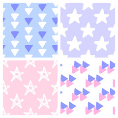 Set of 4 simple pastel colored geometric seamless patterns. Cute vector wallpapers for wrapping paper, invitation cards, linens, etc. 