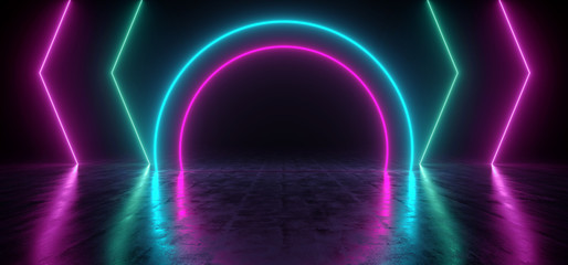 Neon Glowing Laser Arc Blue Purple Pantone Shape Light In Dark Garage Underground Stage Studio Concrete Grunge reflective Cyber 3D Rendering