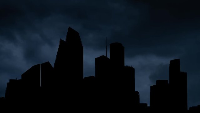 Houston: Lightning and Thunderstorm over the American Metropolis, Concept of Cataclysms, Hurricane, Typhoon, Tornado, Storm. Texas, USA
